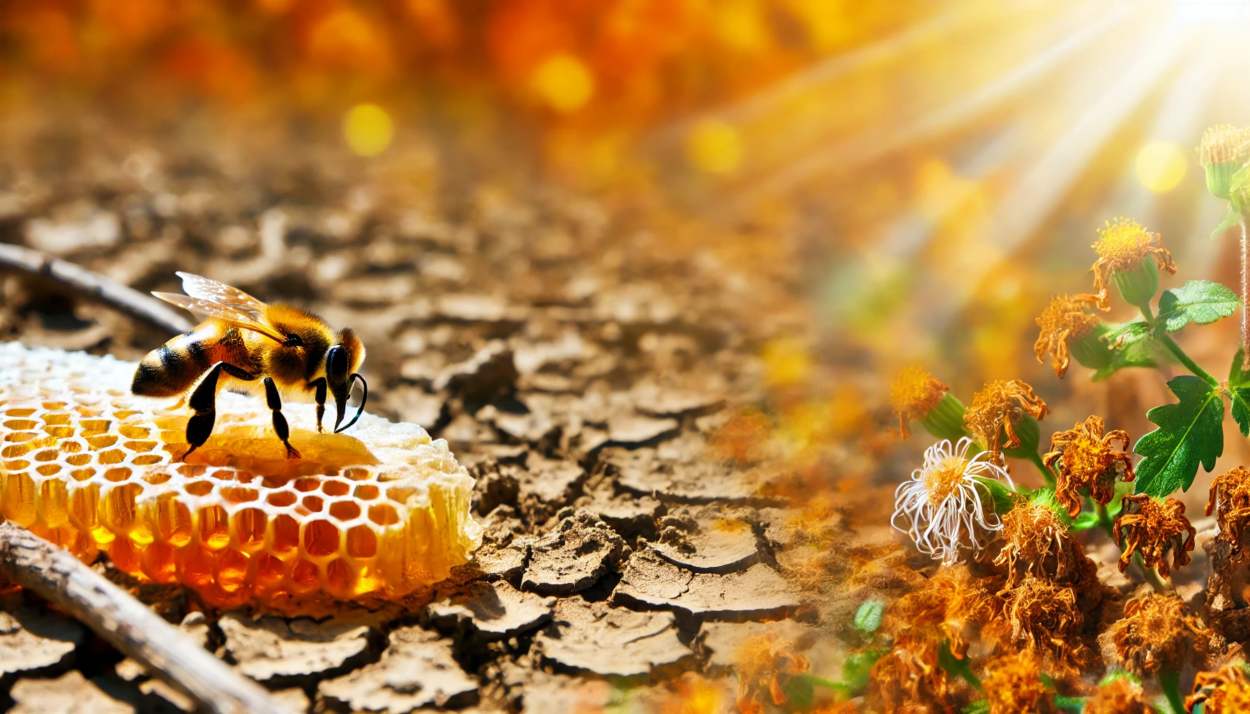 Descrição da imagem para acessibilidade: Uma abelha pousa sobre um favo de mel, visível no lado esquerdo da imagem, com uma superfície hexagonal dourada. O chão é seco e rachado, sugerindo um ambiente árido. No lado direito, há plantas com flores marrons secas e algumas folhas verdes. Raios de sol iluminam intensamente a cena, criando um efeito de calor e iluminação natural. - Blog Clube do Mel