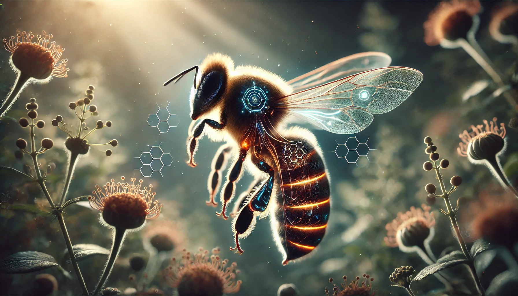 Uma imagem digital mostrando uma abelha em voo em um ambiente natural com flores ao seu redor. A abelha tem detalhes robóticos e luminosos, evidenciados por luzes azuis e laranjas em suas asas e corpo. As flores no fundo têm pétalas alongadas e sépalas envolventes, com hastes longas e delgadas. A luz do sol atravessa suavemente a cena, criando um efeito etéreo e iluminando partículas suspensas no ar. As formas hexagonais próximas à abelha sugerem uma fusão entre natureza e tecnologia. - Blog Clube do Mel