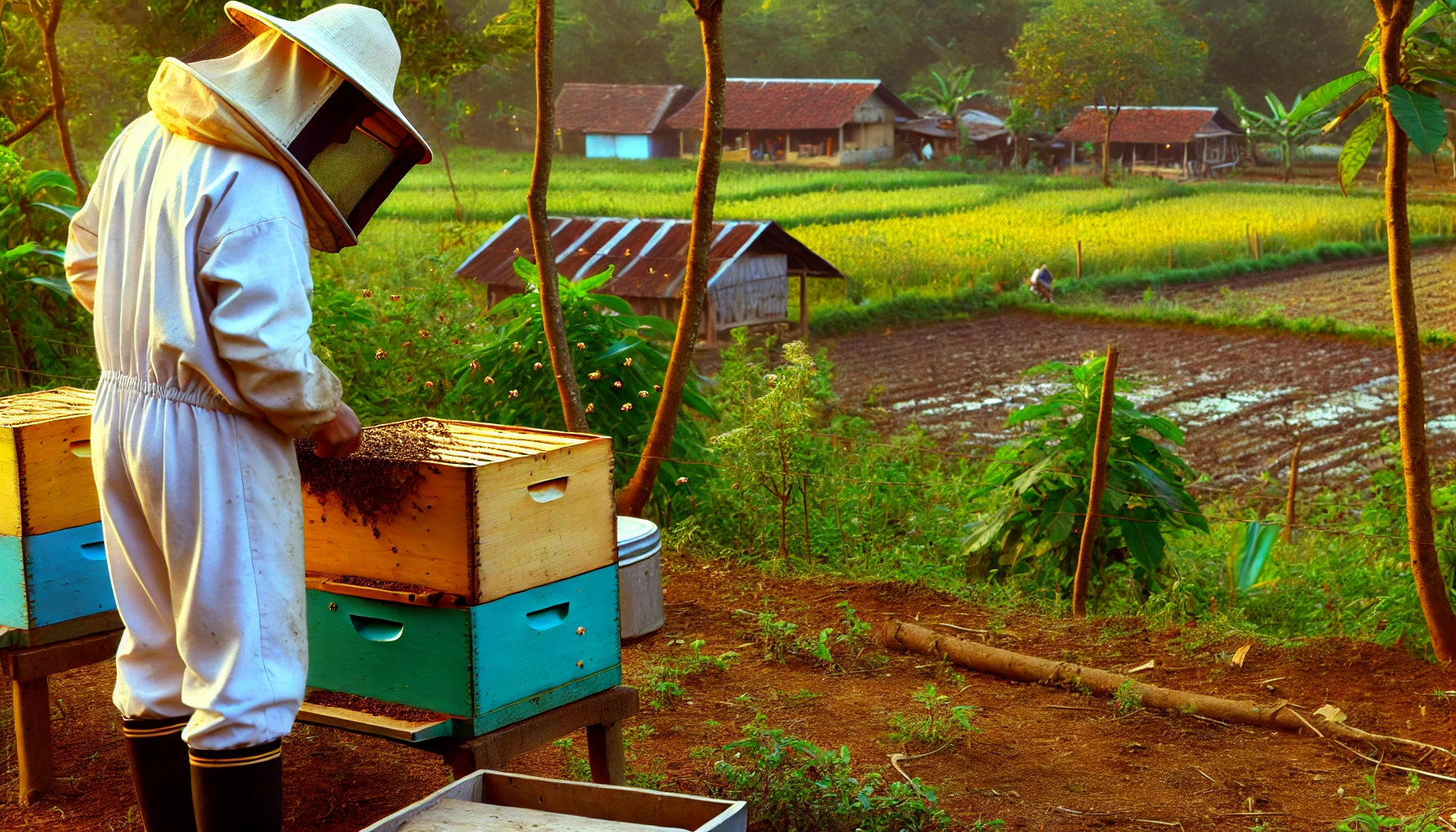 Um apicultor vestido com roupa de proteção branca está manuseando uma colmeia de madeira em um ambiente rural. As colmeias são amarelas e azuis. Ao fundo, há campos de cultivo irrigados, com alguns casebres de madeira e telhados vermelhos. A paisagem é verde, com muitas plantas e algumas árvores, sob a luz dourada do entardecer. Uma pessoa pode ser vista trabalhando nos campos ao fundo. - Blog Clube do Mel