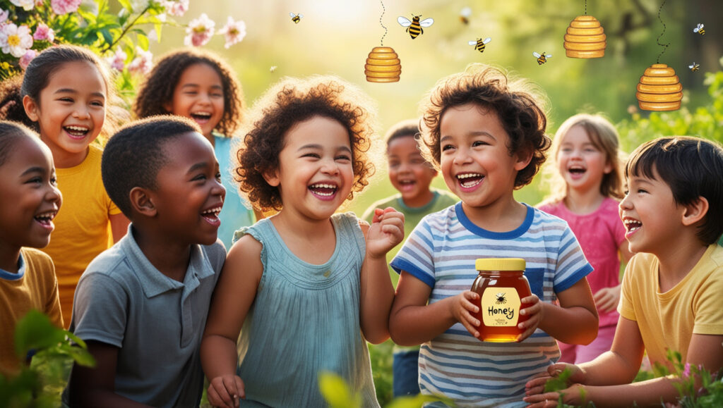 Imagem de um grupo de crianças sorridentes em um jardim florido. O céu está ensolarado. As crianças estão rindo alegremente, com foco em um menino segurando um pote de mel. Abelha ilustrada e colmeias flutuam no ar ao redor das crianças, sugerindo uma temática de mel e abelhas. Flores rosadas aparecem no fundo. - Blog Clube do Mel
